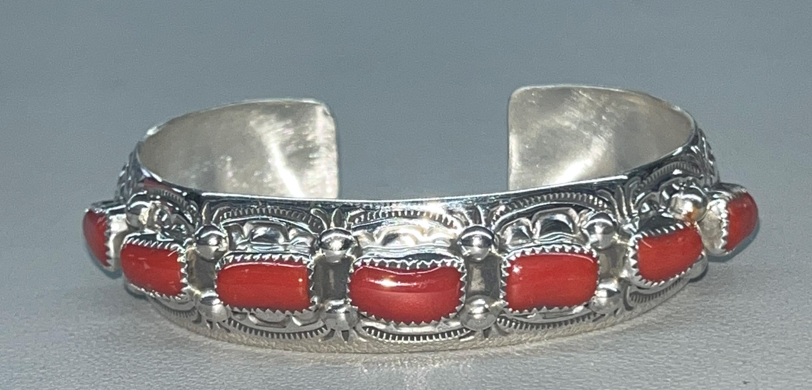 Native American Navajo Handmade Sterling Silver Natural Coral Bracelet ...