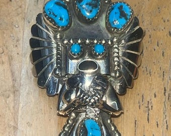 Gioielli Navajo dei nativi americani fatti a mano, cravatta di cuoio tradizionale in argento sterling con turchese naturale kachina - Doris Smallcanyon