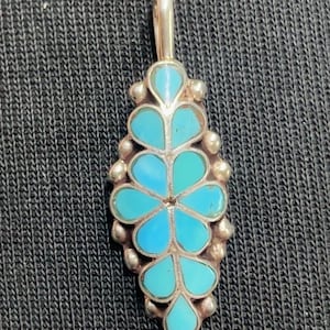 Native American Zuni jewelry handmade turquoise cluster sterling silver inlay flower design pendant/ charm