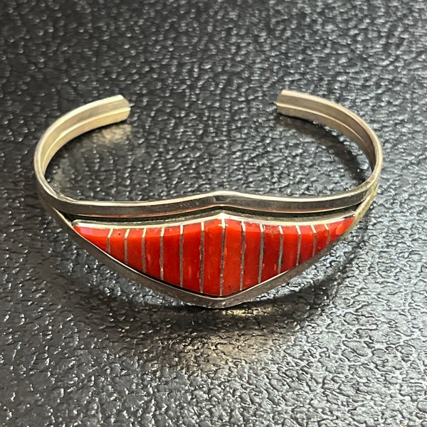 Zuni handmade sterling silver inlay coral bracelet cluster rare