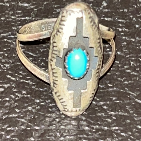 Navajo jewelry handmade turquoise shadow box sterling silver inlay ring size 9