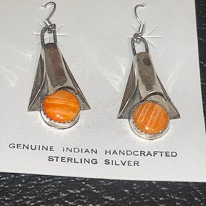 Navajo handmade sterling silver orange spiny oyster earrings