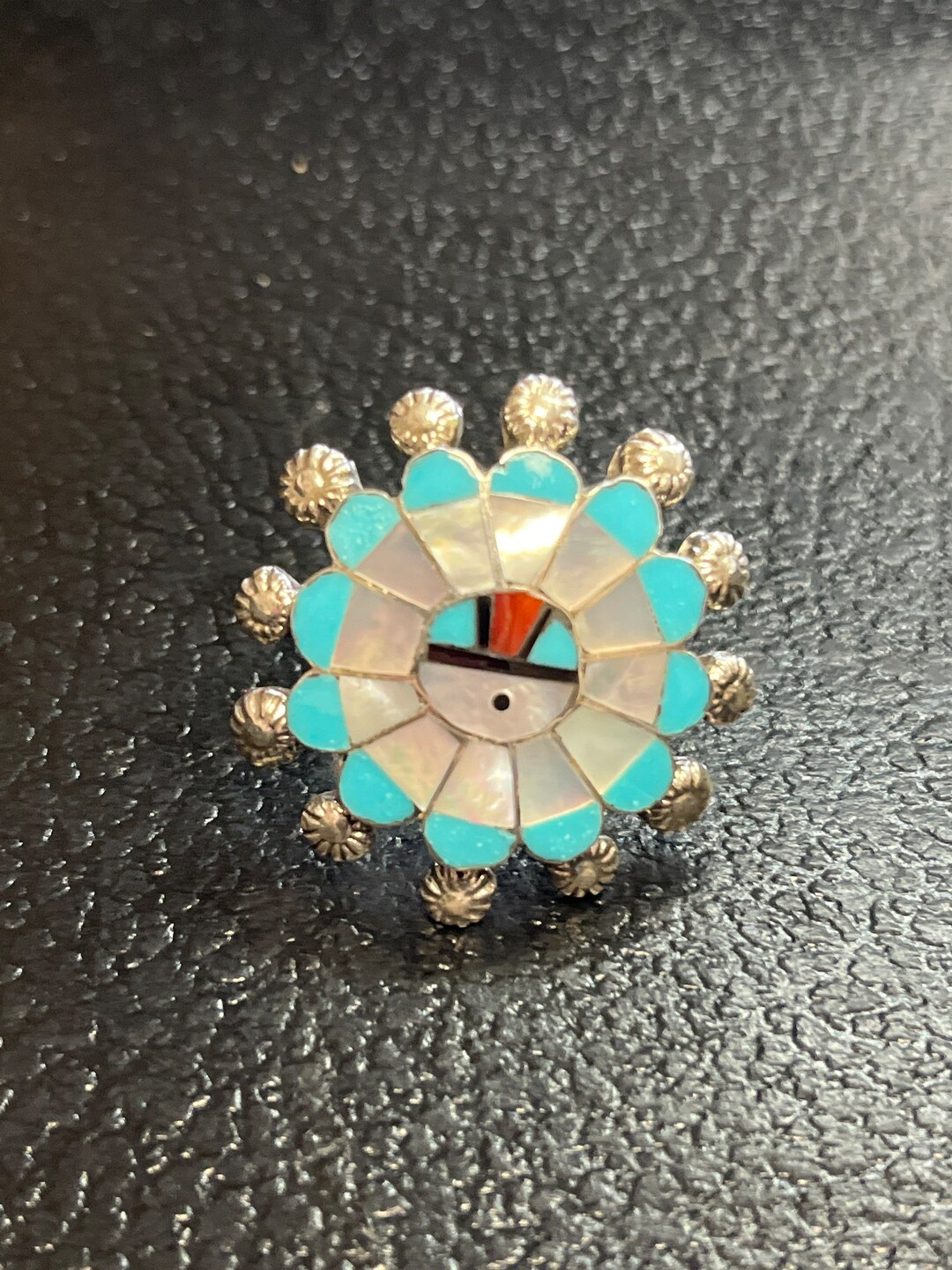 Zuni Handmade Sunface Turquoise Mother of Pearl Sterling Silver Inlay