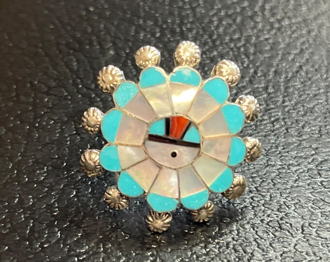 Zuni Handmade Sunface Turquoise Mother of Pearl Sterling Silver Inlay ...