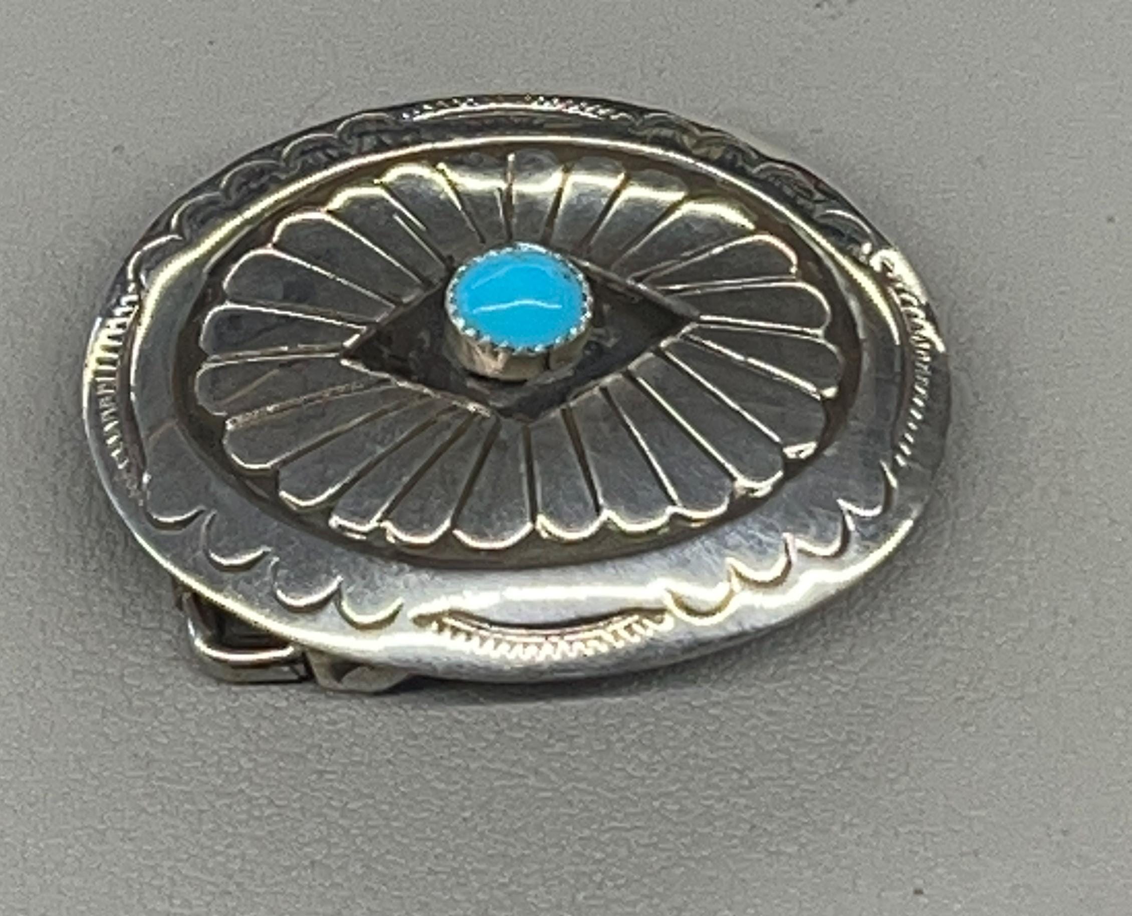 Boucle De Ceinture Navajo - Argent Sterling, Corail Et Turquoise - Vintage