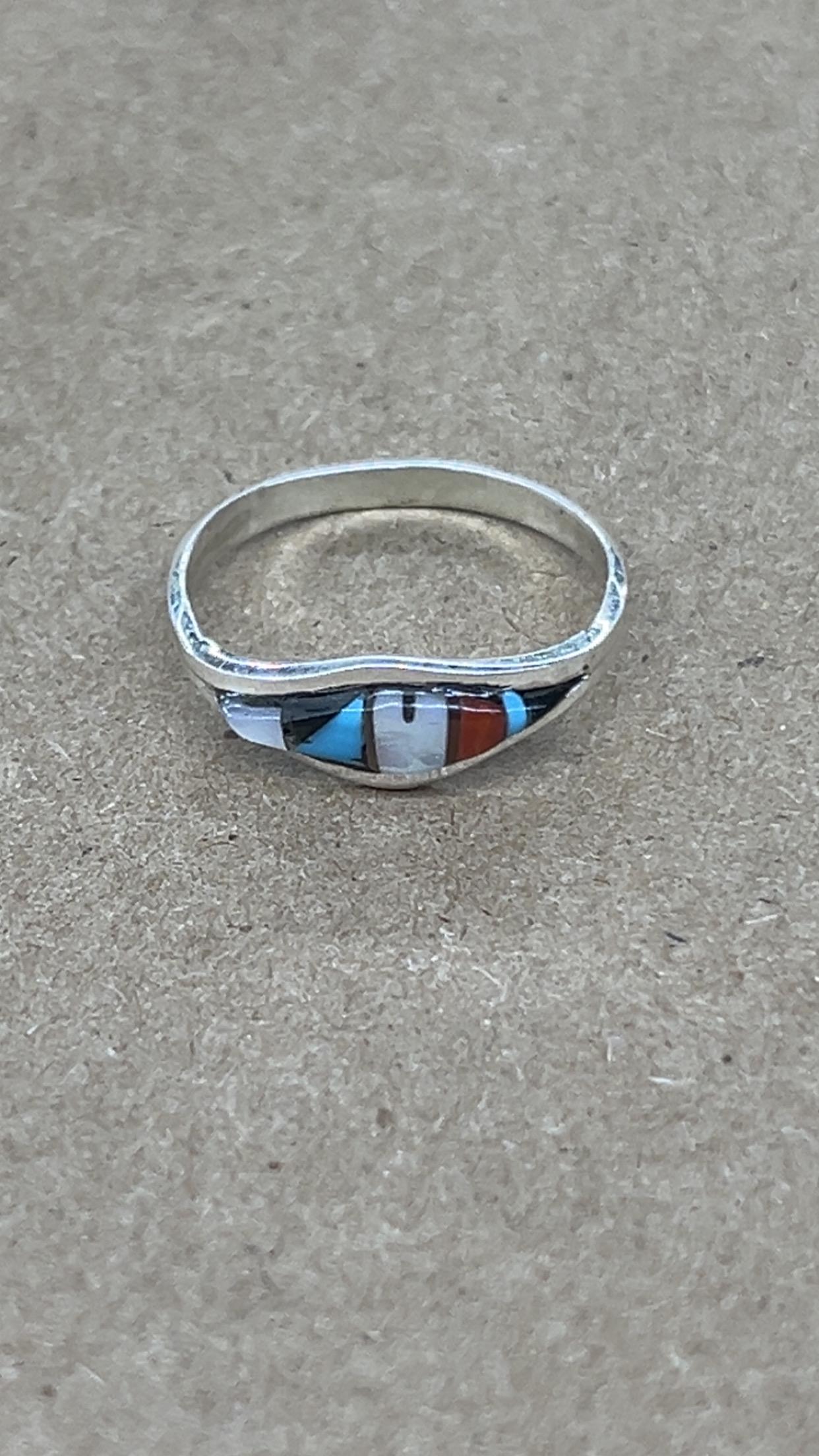 Bague Amérindienne Zuni Rare - Argent Sterling, Turquoise Et Corail - Taille 70 - Occasion