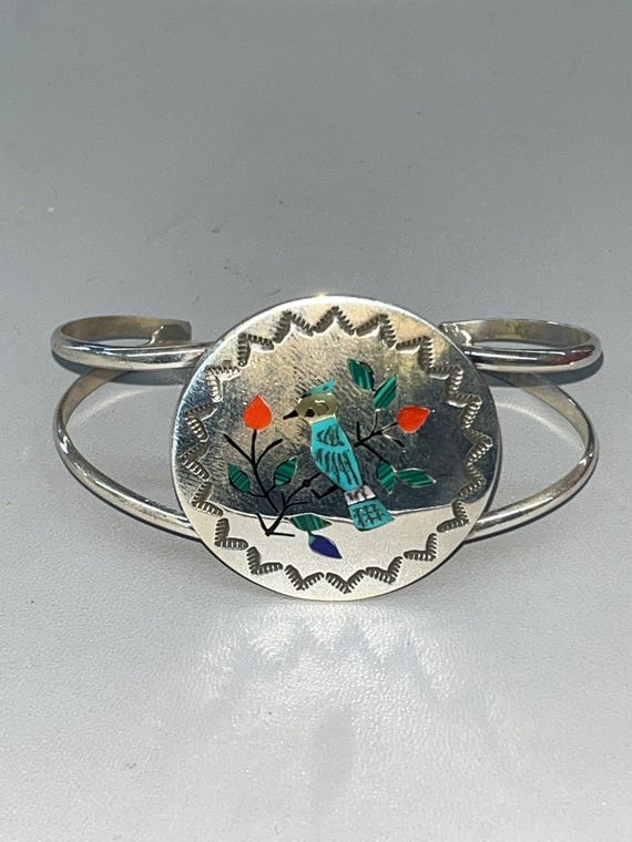 Native American Zuni Handmade Turquoise Inlay Sterling Silver Blue