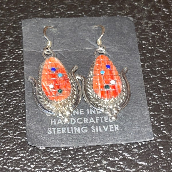 Navajo jewelry inlay handmade sterling silver corn inlay spiny oyster turquoise earrings