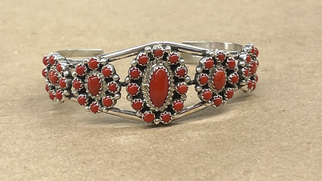Native American Navajo Handmade Sterling Silver Coral Bracelet Cuff ...