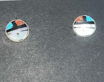 Zuni handgemachte Inlay türkis Koralle Sunface Ohrringe mit Federn Sterling Silber