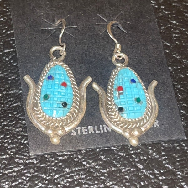 Navajo jewelry inlay handmade sterling silver corn inlay turquoise earrings