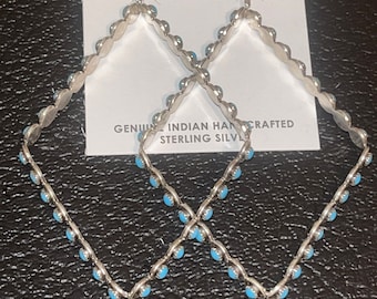 Zuni handgemaakte turquoise lange cluster oorbellen sterling zilver