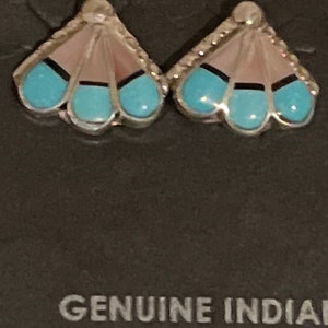 Zuni inlay handmade sterling silver turquoise multi stone inlay earrings