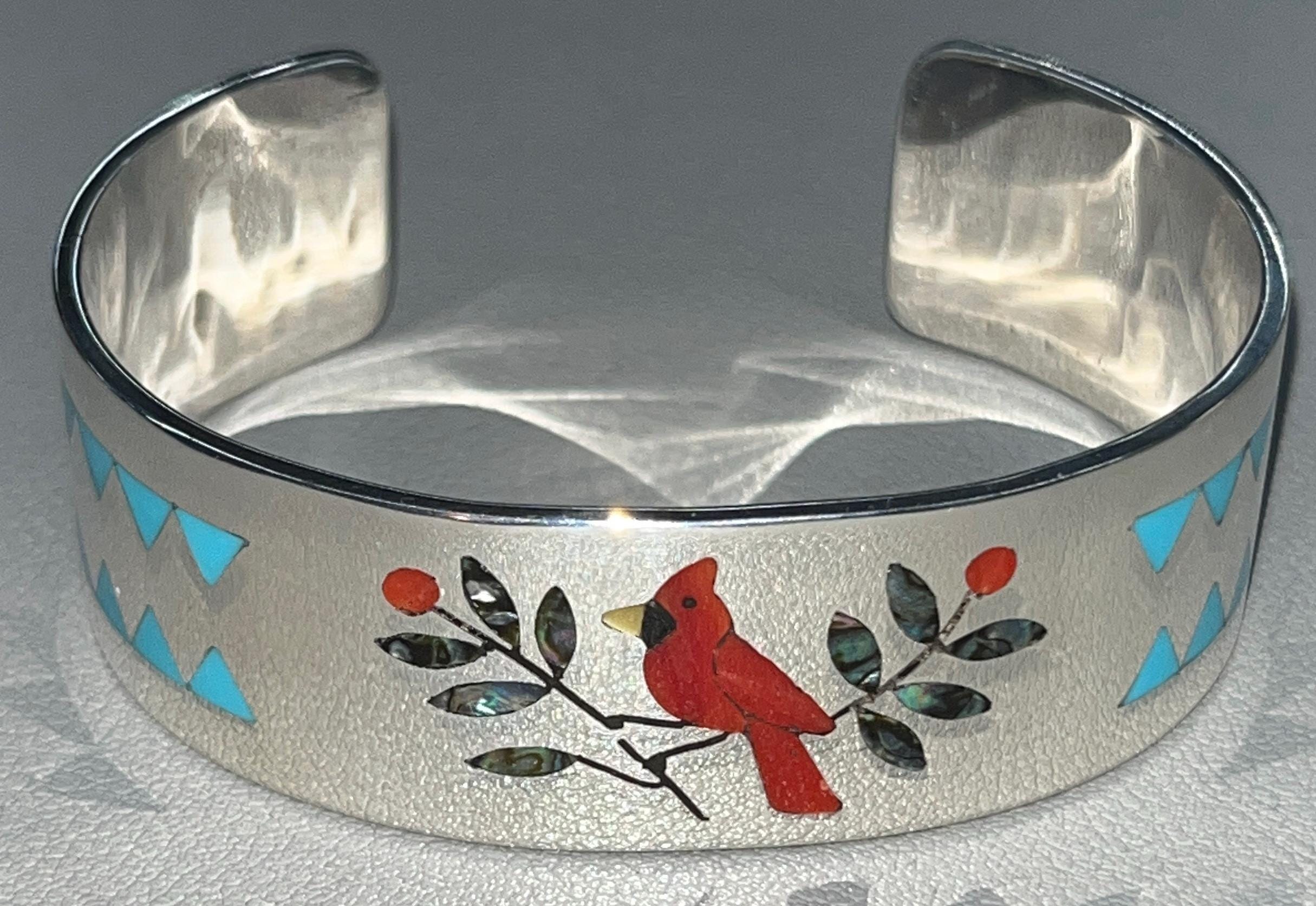 Native American Zuni Handmade Inlay Turquoise Coral Cardinal Bird