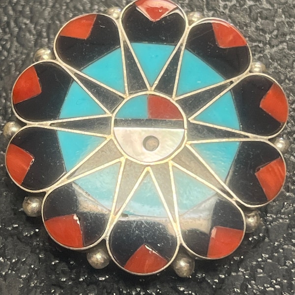 Zuni inlay sunface handmade sterling silver turquoise bolo