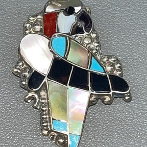 Zuni handmade sterling silver turquoise multi stone inlay parrot bird pendant/Pin