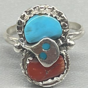 Bijoux amérindien Zuni fait main en argent sterling incrusté de turquoise, grappe de bague en corail Effie oeil de serpent taille 7,5