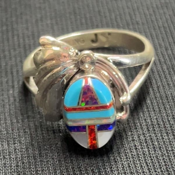 Native American Navajo handmade cluster opal, turquoise sterling silver inlay ring size 9 -Jerome Yazzie