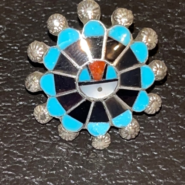 Zuni handmade sunface Turquoise mother of pearl sterling silver inlay ring size 6.5