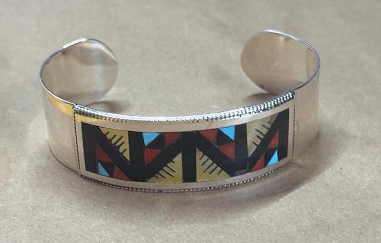 Native American Zuni handmade sterling silver inlay turquoise multi stone inlay traditional cluster bracelet /cuff -Leander Othole