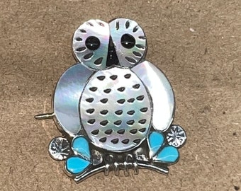 Zuni handmade sterling silver inlay mother of pearl turquoise owl statement pendant/pin