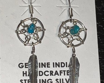 Navajo handmade sterling silver turquoise stone dreamcatcher earrings