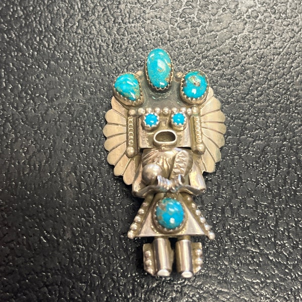 Native American Navajo handmade sterling silver Turquoise pendant kachina pin/pendant