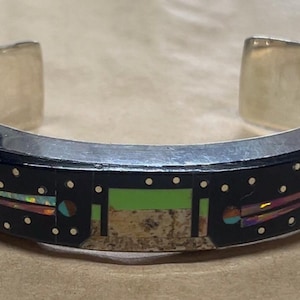 Native American Navajo jewelry handmade sterling silver turquoise multi stone sky inlay traditional bracelet/ cuff -Gilbert Smith
