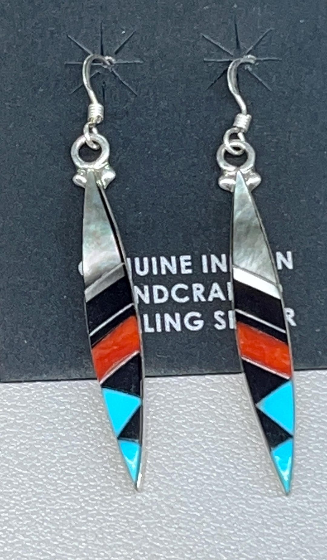 Zuni Native American Turquoise 925 Solid Sterling Silver Geometric Drop Earrings main image 1
