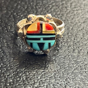 Zuni handmade sunface turquoise mother of pearl sterling silver inlay ring size 9
