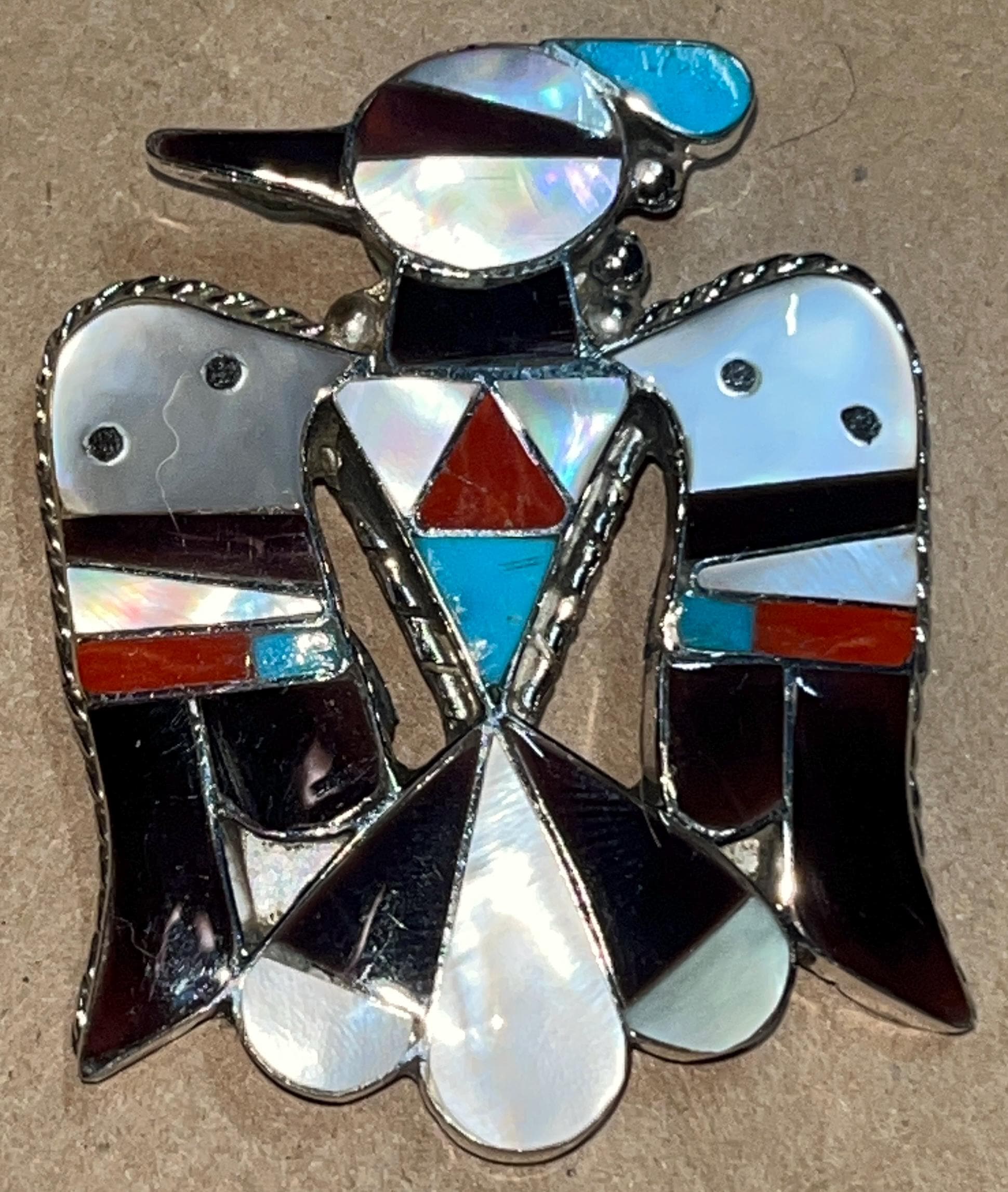 1980s BOBBY & CORRAINE SHACK Zuni Sterling Silver Inlay Thunderbird Belt Buckle Vintage Zuni Thunderbird Belt Buckle by Bobby & Corraine  main image 2