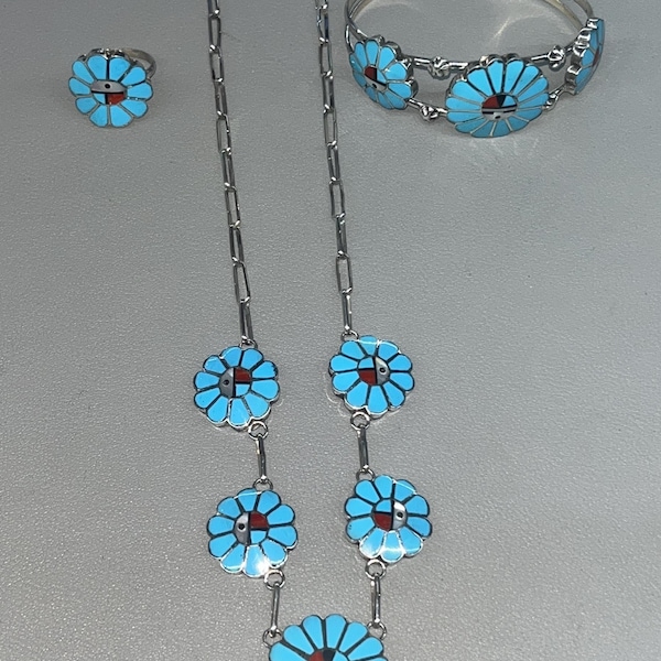 Native American Zuni-sieraden handgemaakte sterlingzilveren ketting ingelegd turquoise sunface set ring, oorbellen, armband,