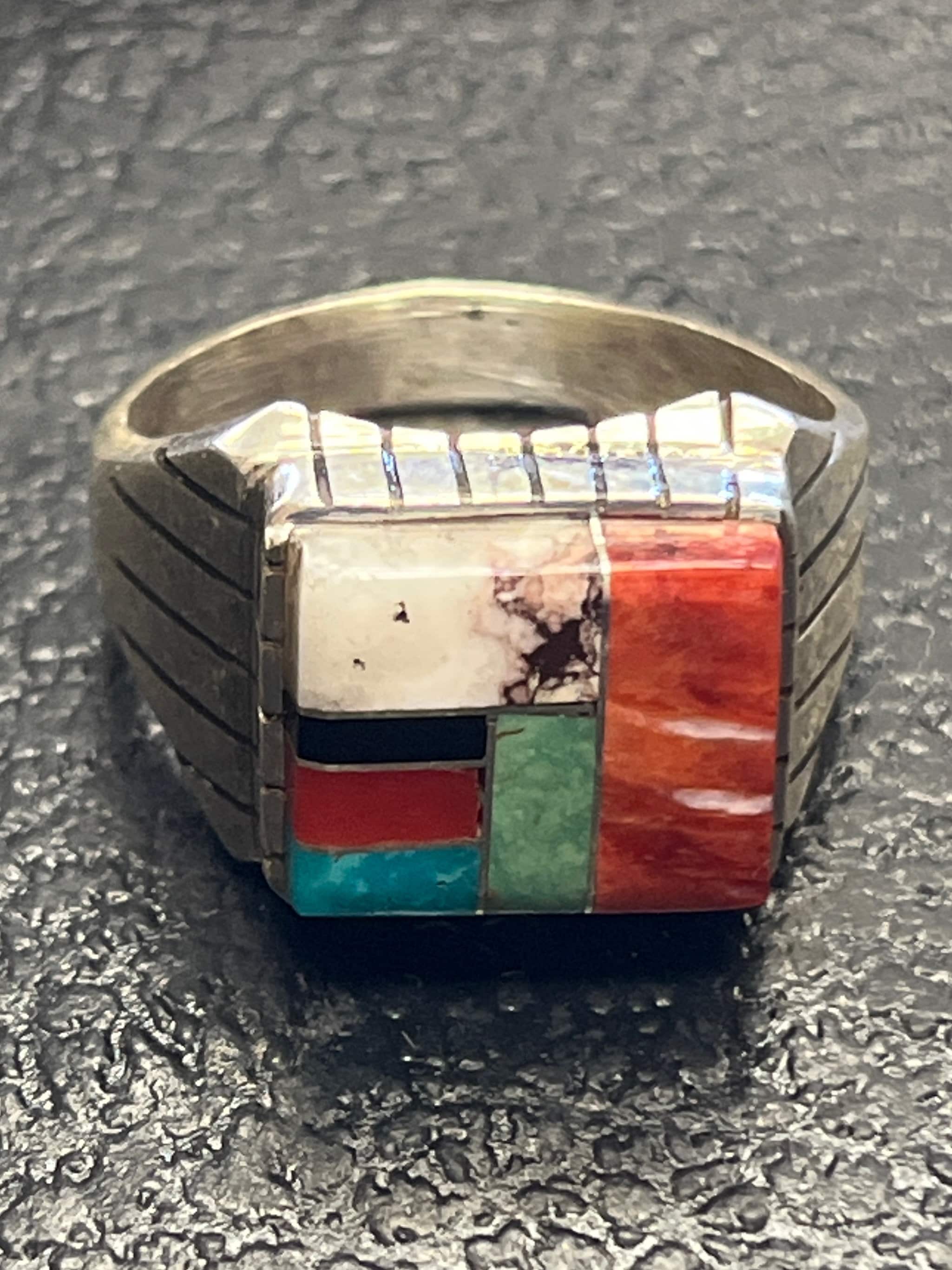 Navajo handmade turquoise multi stone sterling silver inlay ring size 12.5