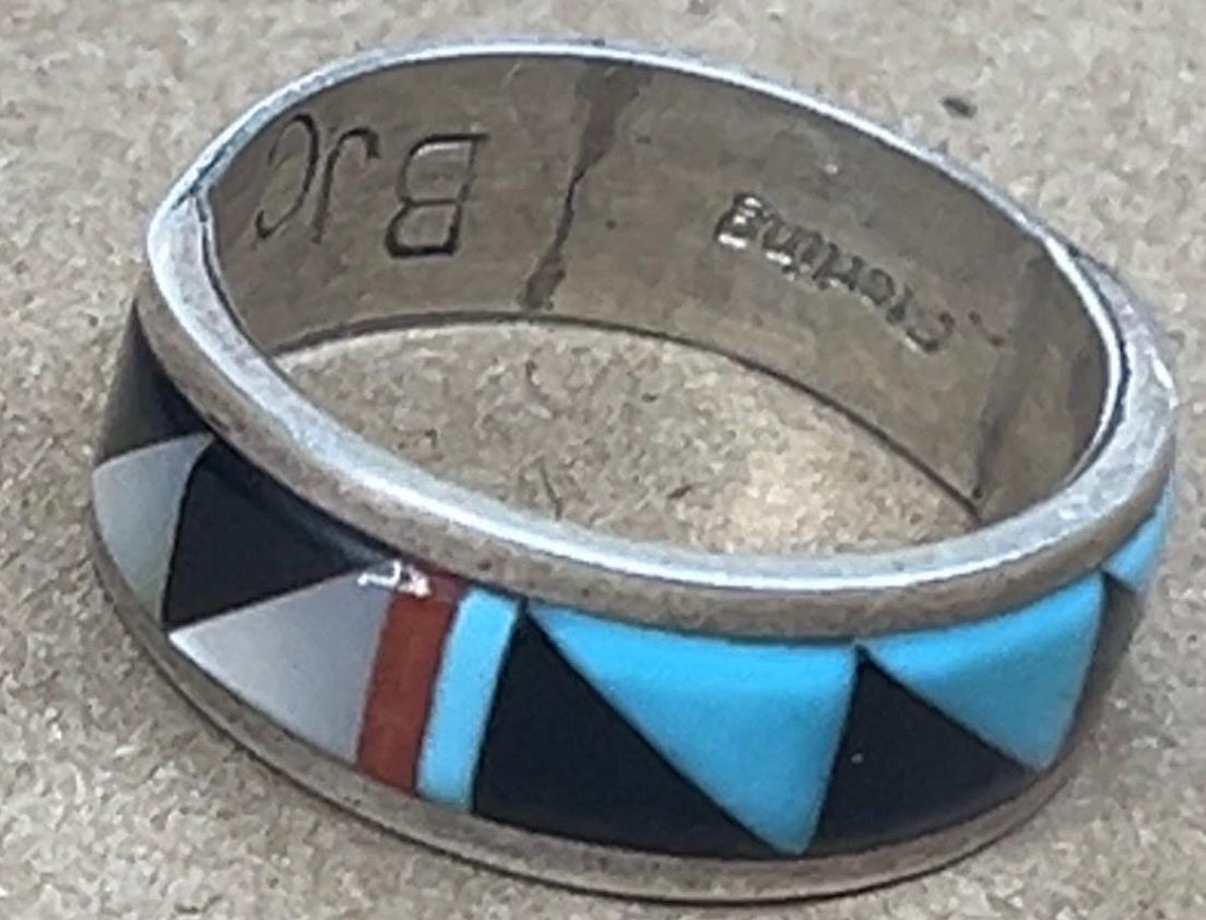 Native American Zuni-sieraden handgemaakt multi-stenen cluster turquoise sterlingzilver ingelegd ringmaat 6