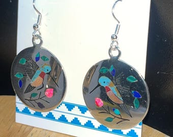 Zuni Native American jewelry handmade sterling silver inlay hummingbird traditional statement earrings -Raymond Boyd