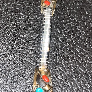 Navajo handmade inlay turquoise coral badger watch tips sterling silver