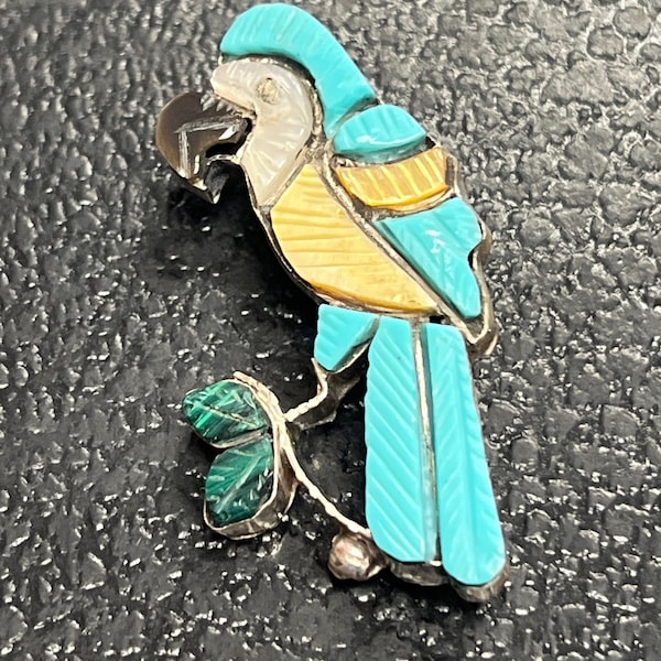 Zuni handmade sterling silver turquoise inlay parrot inlay pendant/pin