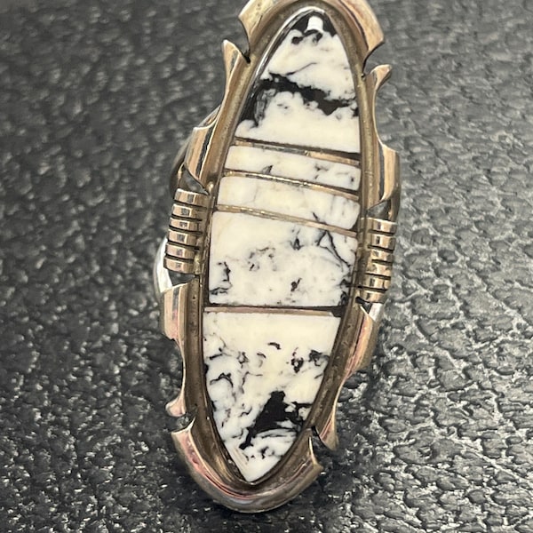 Navajo handmade sterling silver white buffalo inlay cluster ring size 6