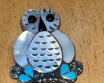 Zuni handmade sterling silver inlay mother of pearl turquoise owl statement pendant/pin