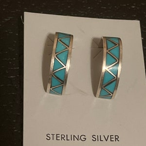 Zuni handmade sterling silver turquoise inlay earrings