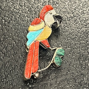 Zuni handmade sterling silver turquoise inlay parrot inlay pendant/pin