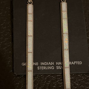 Zuni jewelry inlay handmade sterling silver inlay opal long earrings
