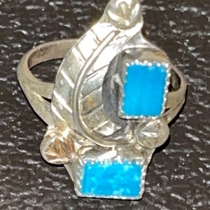 Zuni handmade sterling silver inlay turquoise ring size 7.5