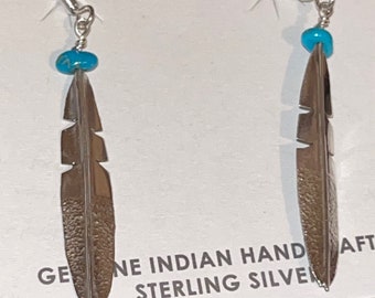 Native American Navajo handgemaakte sterling oorbellen veer turkoois