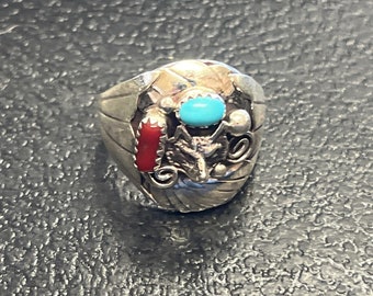 Navajo handmade turquoise coral sterling silver wolf ring size 10.5
