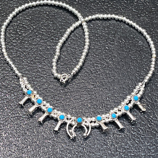 Navajo handmade silver plated baby turquoise cluster squash necklace 16” total