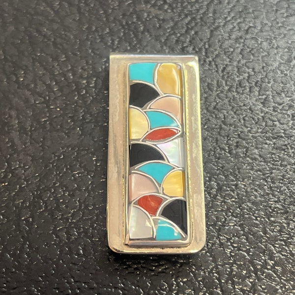 Native American Navajo handmade sterling silver turquoise inlay money clip