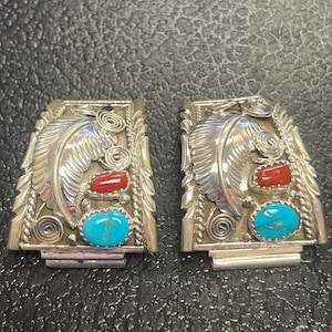 Navajo jewelry handmade turquoise coral feather design watch tips sterling silver