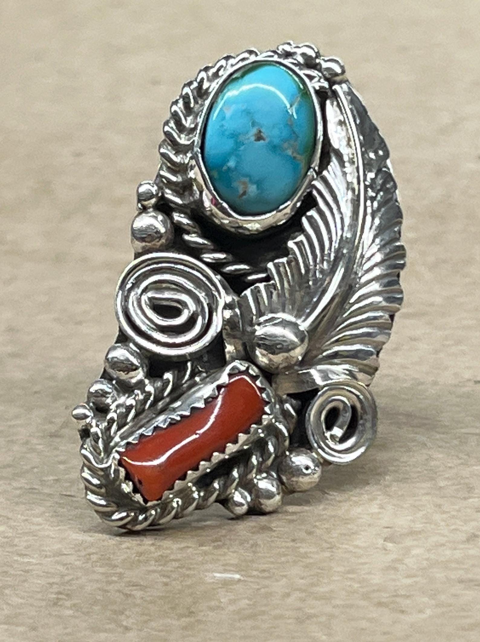 Native American Navajo Handmade Turquoise and Coral Feather Design