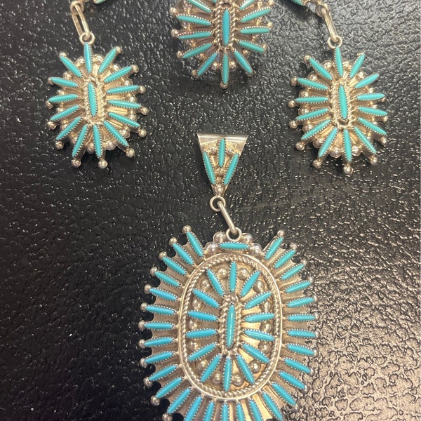 Native American Zuni handmade sterling silver turquoise needlepoint ring, earrings, pendant jewelry set